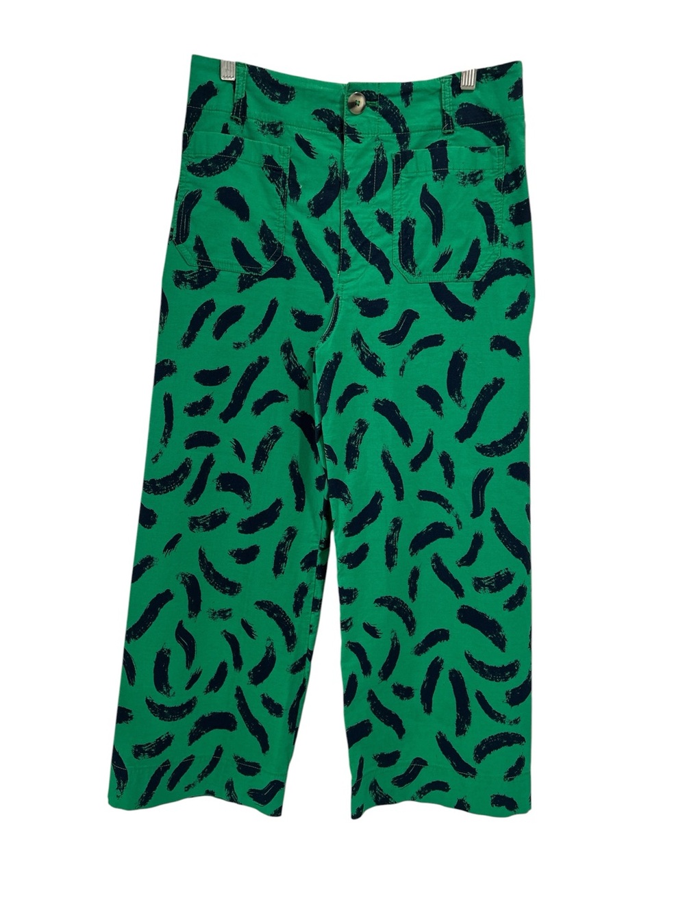 Maeve The Colette Wide Leg High Rise Pants in Green with Blue Brush Stroke Print - Picture 2 of 9
